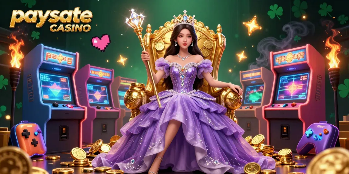 Vibrante 3D-Illustration einer Paysafe Card Casino zeigt eine königliche Figur zwischen Spielautomaten und Casino-Elementen.