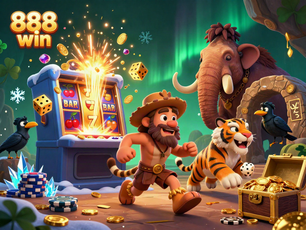 Experience the thrill of 888 win with dynamic casino action from cavemen and a sabertooth tiger.