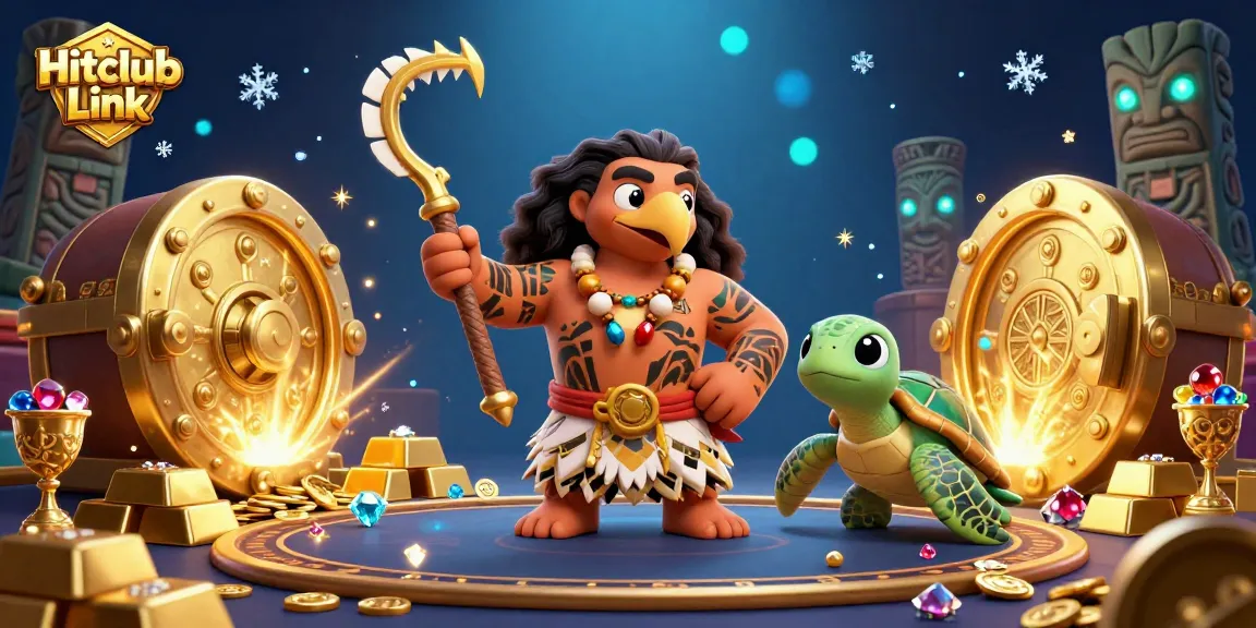 Hitclub Link showcases a vibrant 3D cartoon gambling scene with rich elements including shimmering gems and gold treasures.