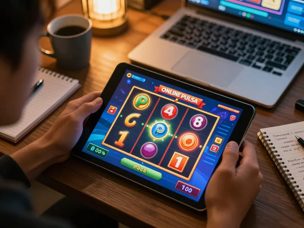 Playing online slot pulsa on a tablet, vibrant reels spinning in dynamic home setting for responsible gaming.