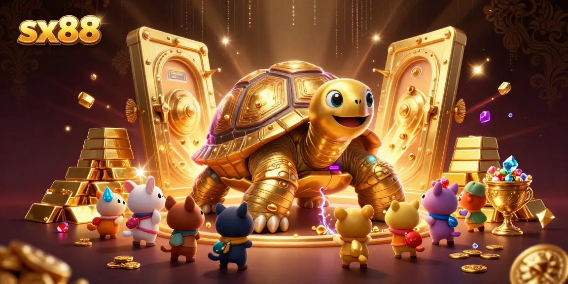 Engaging sx88 online casino scene with a colossal golden tortoise pinball machine packed with gems and treasures.