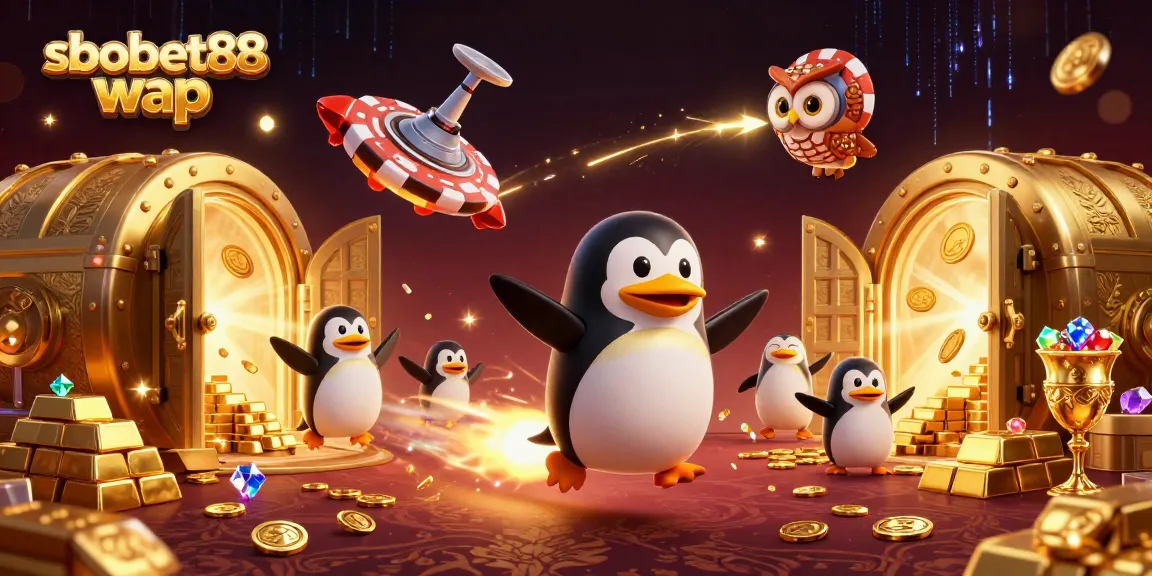 Bet on sbobet88 wap with the rocket-powered penguin in a vibrant 3D casino illustration.