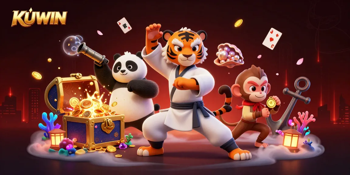 Experience excitement at KUWIN with a 3D illustration of playful characters amid a vibrant casino setting.