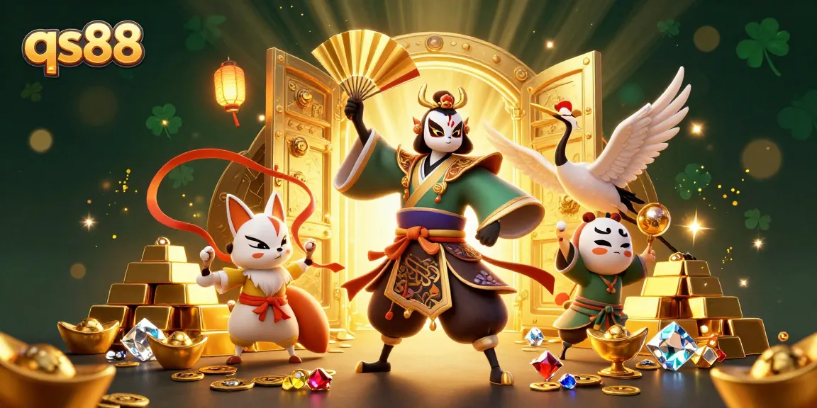 Win big at qs88 with a vibrant 3D casino scene showcasing kabuki warriors, treasures, and golden games.