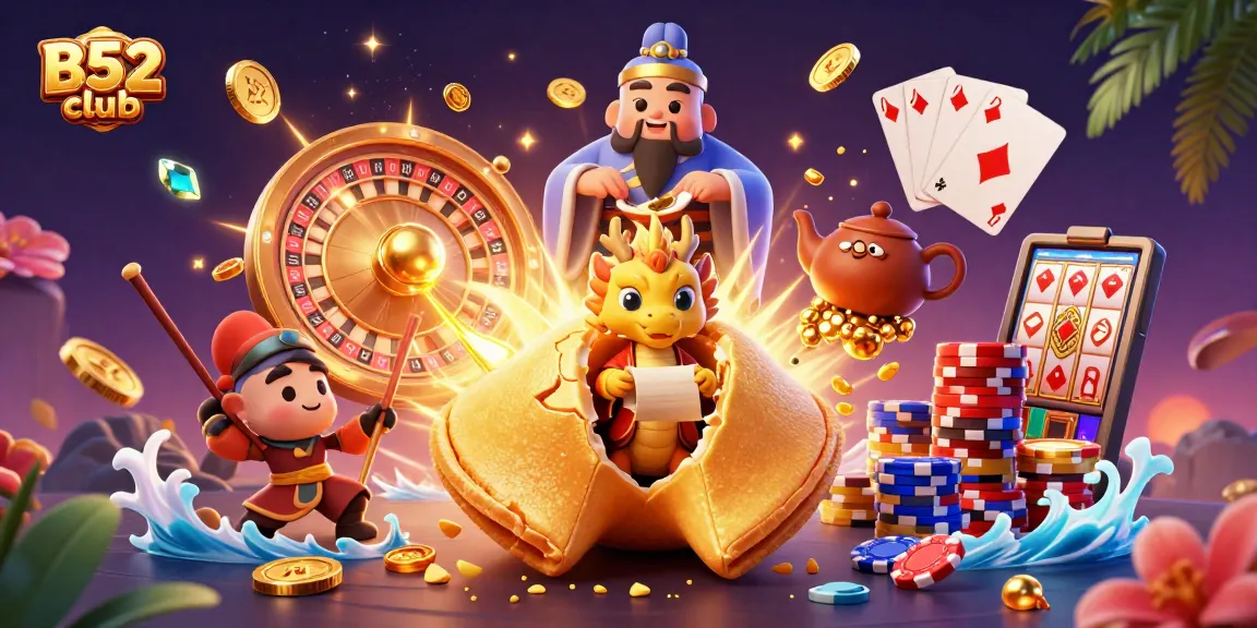 B52club players enjoy dynamic casino action with golden coins, poker chips, and animated game elements.