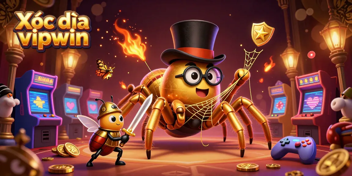 Xóc đĩa vipwin brings a vibrant gaming atmosphere with a golden tarantula and a knight set in a rich casino scene.