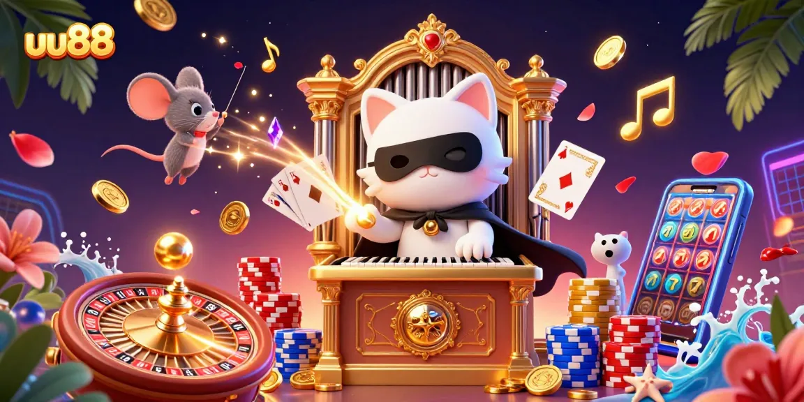 Experience the vibrant casino atmosphere at uu88 with a captivating scene of whimsical characters and dynamic game elements.