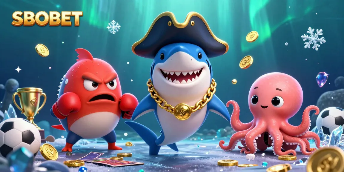 SBOBET sports betting cartoon scene featuring a shark, pufferfish, and octopus with themed elements