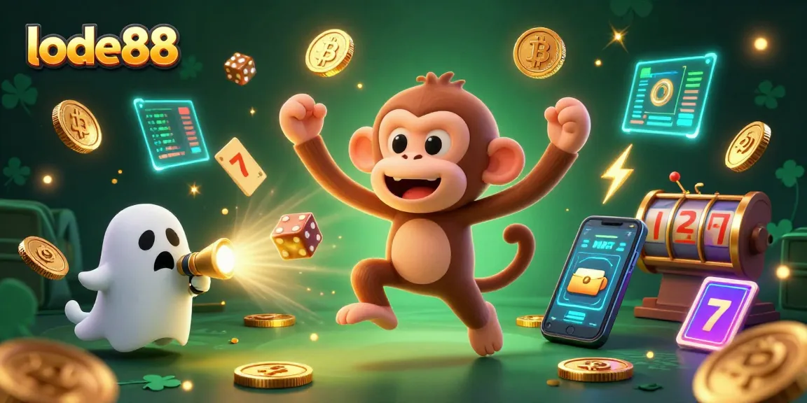 Engage with lode88's dynamic casino scene featuring a mischievous poltergeist monkey juggling gold.