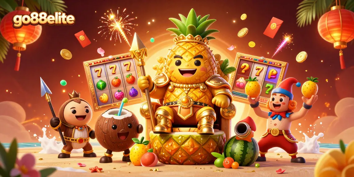 Engage with the colorful beach casino scene of go88elite featuring a golden pineapple king and dynamic slot elements.