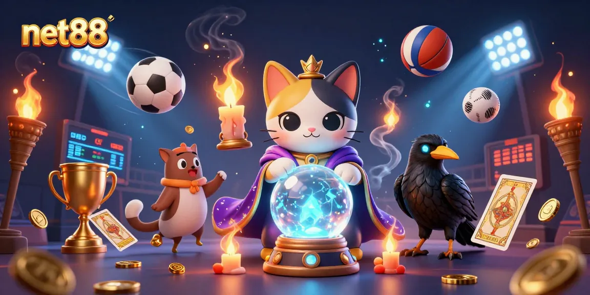 Bet on exciting moments with net88 featuring a fortune teller cat and glowing tarot-card raven in this engaging scene.