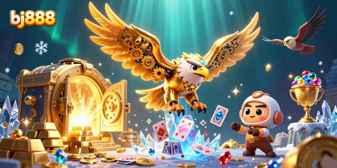 Experience thrilling action with bj888's 3D golden eagle amidst dazzling casino-themed jewels.