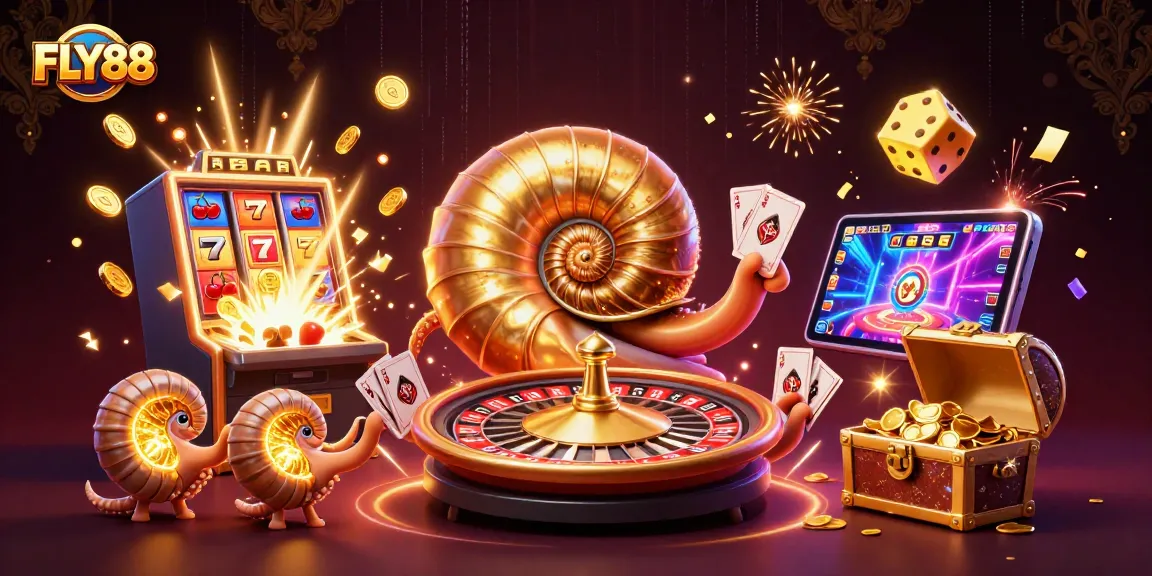 FLY88 Casino illustration featuring a giant nautilus roulette wheel with vibrant slot machine action.