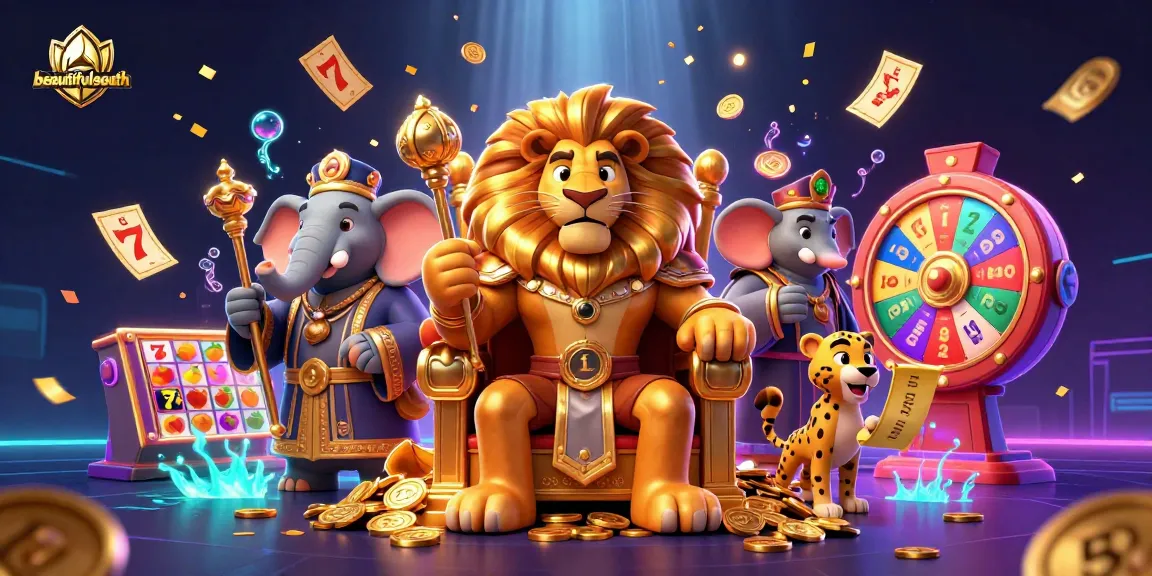 Experience exciting gaming at beautifulsouth featuring a lion king on a gold throne surrounded by dynamic casino elements.