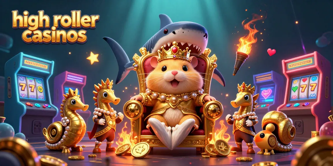 Engage with high roller casinos featuring a golden hamster king in 3D cartoon style surrounded by game elements.