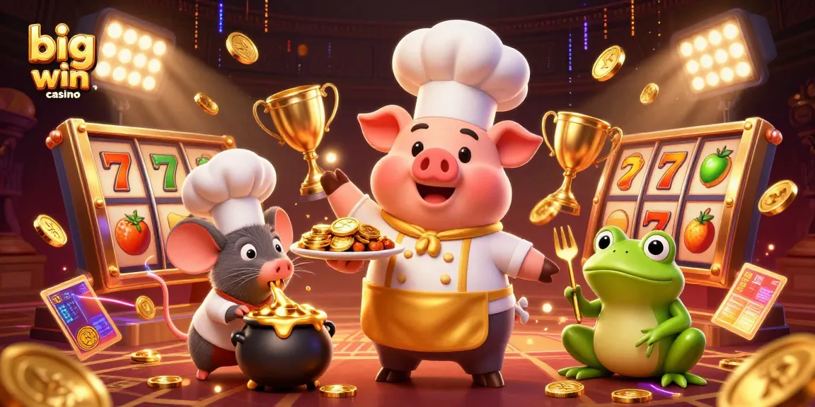 Experience big win casino excitement with playful characters serving gold coins amid spinning slot reels.