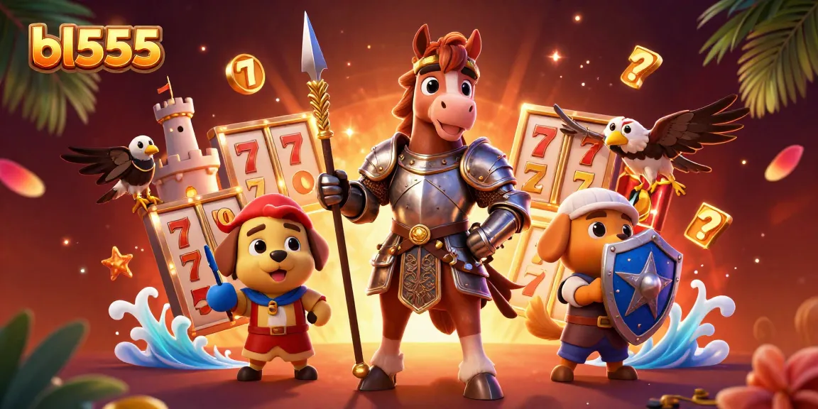 Join the excitement at bl555 with playful characters in a vibrant casino atmosphere filled with slot reels and decorations.